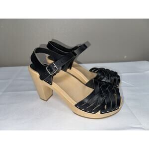 NEW Hasbeens US 8 Black Sky High Braided Leather Peep Toe Wooden Clog Heels 38